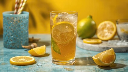 Tea blended with soda and honey yuzu, a revitalizing beverage choice for summer gatherings