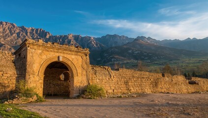 Medieval Armenian monastery of Surb Khach, stone structure amidst mountains, preservation