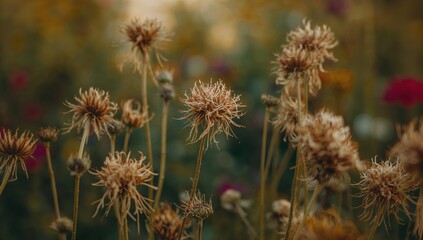 Fototapeta premium Closeup of desiccated flowers in a garden, highlighting seasonal change