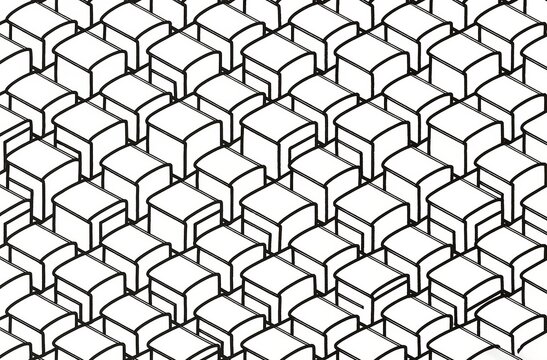 isometric cube pattern in linework, seamless black outline of repeating geometric blocks creating optical rhythm and structured
