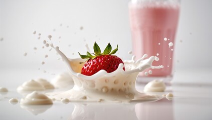 Strawberry and milk splashing against a white background, a fiber-dense choice