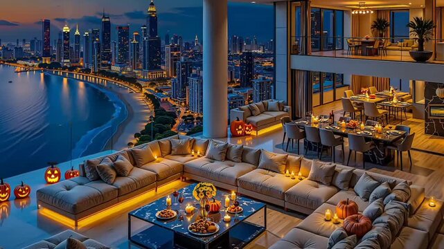 A spectacular multi-level penthouse decorated for Halloween with pumpkins and candles, offering a breathtaking panoramic view of the beach and city skyline at dusk.