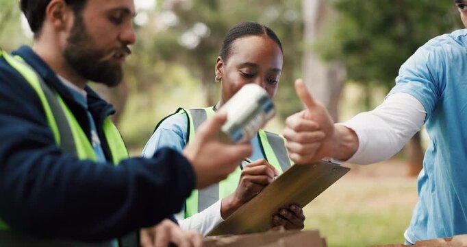 Outdoor, volunteer and woman with clipboard, groceries and packing with community service. NGO project, activist and people in park, documents and checklist for inventory and social responsibility