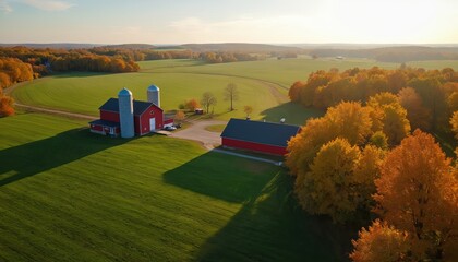 Red barns stand on rich green fields bordered by vibrant autumn trees. Rural landscape offers serene view of countryside agriculture under warm sun. Harvest season evident with colorful foliage.