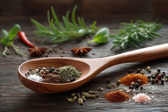 The wooden spoon is filled with various spices and herbs, arranged on an old rustic table. the background features scattered leaves of rosemary, thyme, sage, dill, fennel, mint, coriander, cumin.