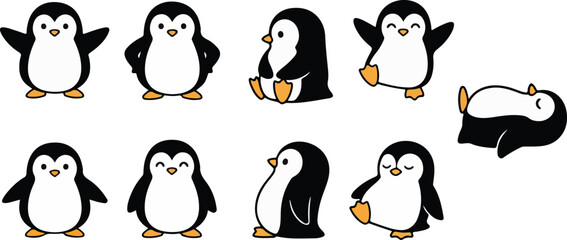 vector illustration of penguin funny cute cartoon mascot character cartoon with 9 poses