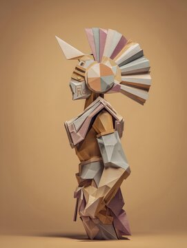 abstract geometric aztec deity papercraft sculpture with pastel headdress