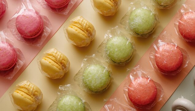 A variety of colorful macaroons being wrapped and glistening, suitable for dessert presentation