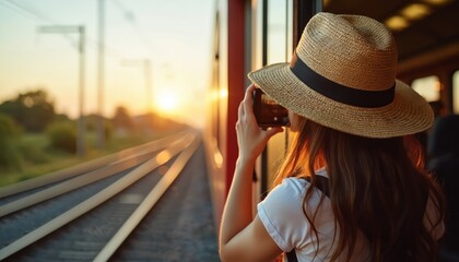 Woman in straw hat photographs sunset from train window. Golden hour light reflects on tracks and landscape. Capturing travel memories on mobile phone camera.