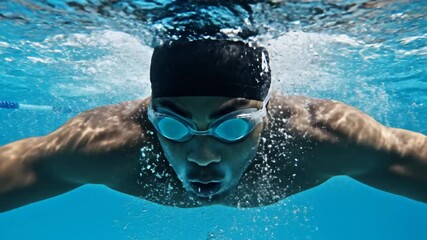 Swimmer wearing goggles moving through water underwater view