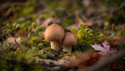 Triple porcini mushrooms nestled on the forest floor, highlighting seasonal change