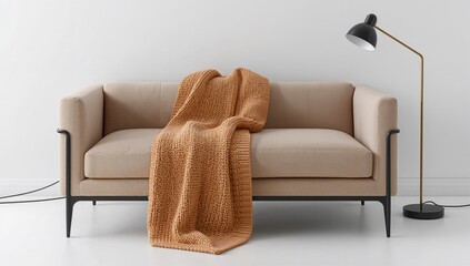 Stylish living room featuring a cozy sofa, knitted throw, and lamp beside a white wall, ideal for editorial header background