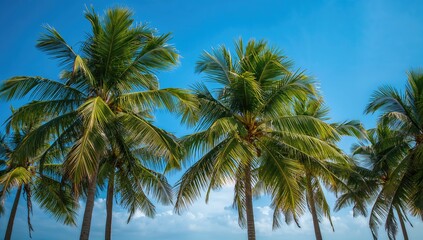 Coconut trees against a bright blue sky, seasonal change