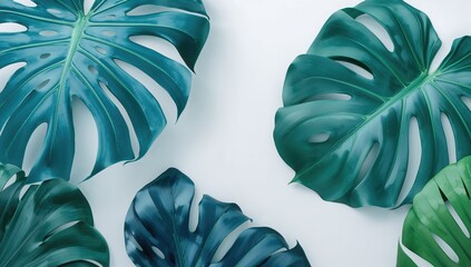 Monstera leaves in vibrant blue and green against a white background, ideal for editorial design