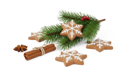 Christmas gingerbread cookies with pine branches and anise stars on a png transparent.