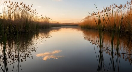 Serene Sunset Over a Calm River Lined with Golden Reeds and Reflections