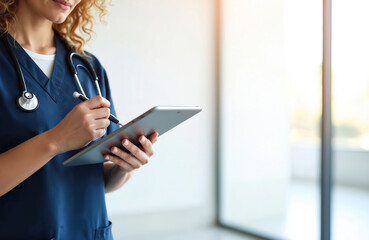 Female doctor in blue scrubs writes on tablet computer with stylus. Stethoscope around neck. Health care pro works using digital tech. Patient data entry.