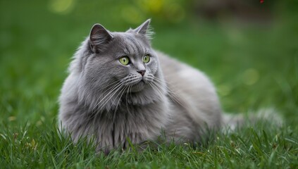A gray cat with bright green eyes resting on vibrant grass, displaying a sense of curiosity