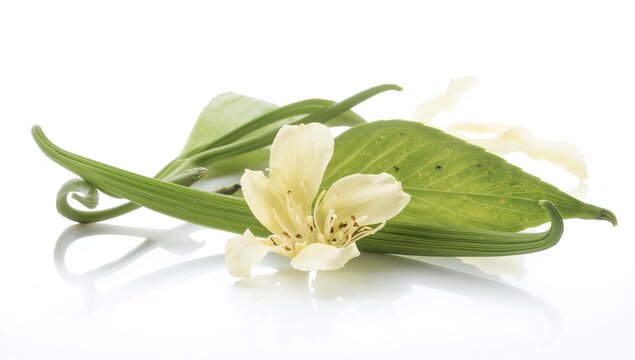 Vanilla flowers and pods with leaves arranged on a plain white surface, culinary uses for flavoring