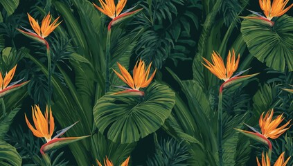 Seamless pattern featuring tropical strelitzia flowers and palm leaves in shades of green, suitable for wallpaper design