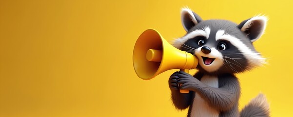 Cute raccoon holds bright yellow megaphone announcing something exciting. Vibrant background adds energy, positivity. Ideal for marketing campaigns promoting announcements brand messaging. Playful
