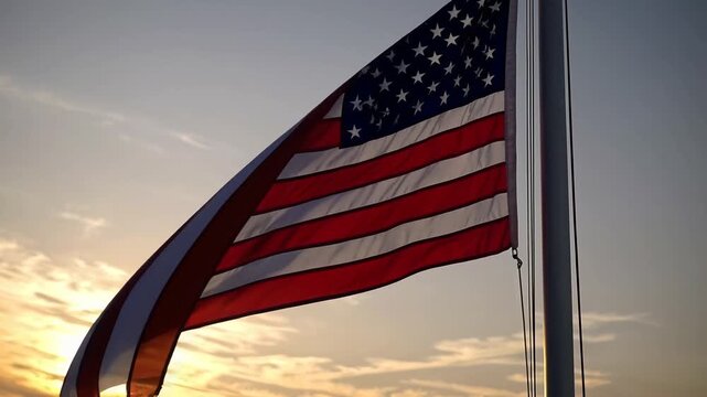 American flag waving gently against a colorful sunset sky near a peaceful setting - Powered by Adobe