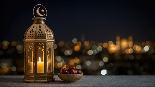 Lantern with moon symbol and bowl of dates and fruit against a nighttime sky, seasonal observance of Ramadan Kareem