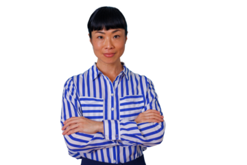 Woman with curly hair using a tablet, browsing content, standing on transparent background