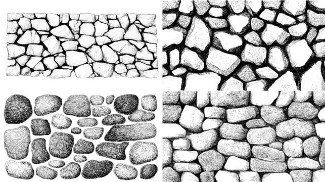 Hand-drawn cobblestone wall textures in monochrome stipple and hatch styles ideal for architectural backgrounds, vintage patterns, and construction-themed designs.