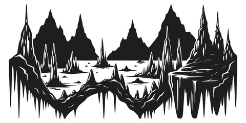 Stylized underground cave landscape with sharp stalactite forms