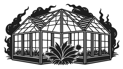 Greenhouse structure with lush plants and rising steam clouds