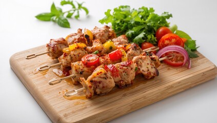 Fototapeta premium Raw shashlik on a cutting board, protein-rich meal, barbecue
