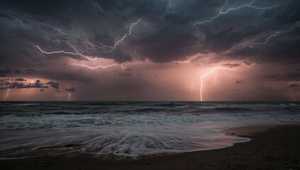 Intense lightning storm raging above the sea, erosion risk