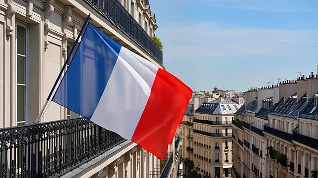 The French flag flutters from the balcony of a classic Parisian building on a sunny day.