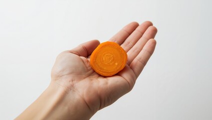 Close-up of a hand holding a slice of carrot, healthy snack option, World Health Day