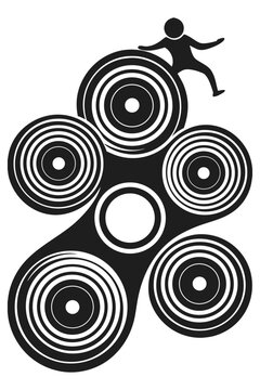 Person silhouette balancing on a large abstract fidget spinner