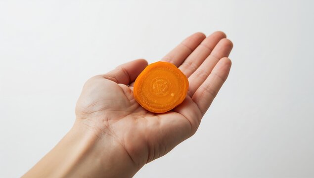 Close-up of a hand holding a slice of carrot, healthy snack option, World Health Day