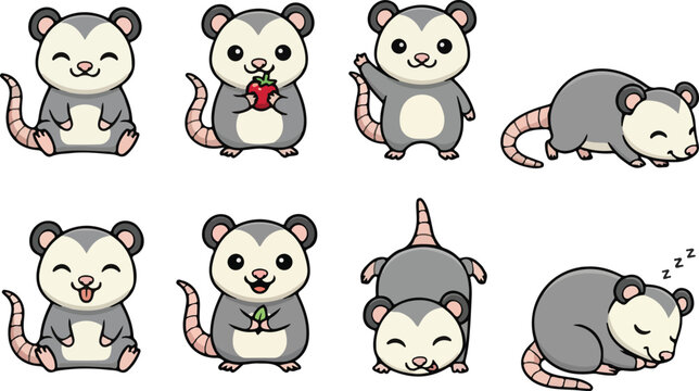 vector illustration of opossum funny cute cartoon mascot character cartoon with 8 poses 02