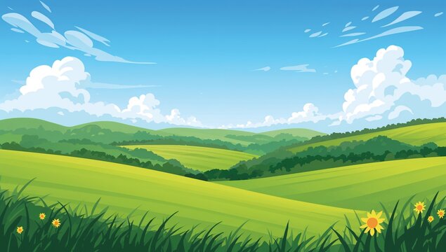 Cartoonish depiction of a countryside valley with lush green hills and bright blue skies, ideal for seasonal themes