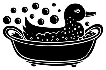 Rubber duck in bathtub with soap bubbles, clean bath illustration