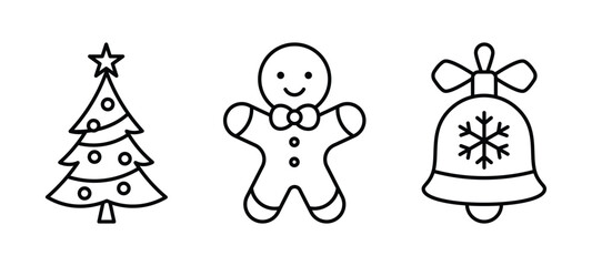 christmas tree gingerbread and bell line icon set vector illustration