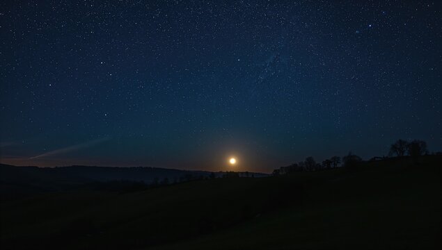 Silhouette of rural scenery beneath a starry night sky, featuring a full moon and meteor shower, seasonal change