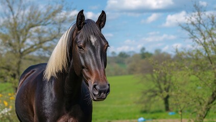 Obraz premium Horse in a Green Pasture, showcasing spring vitality, nature's beauty