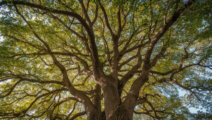A Tree with Expansive Branches and Lush Green Foliage Bathed in Sunlight, Seasonal Change