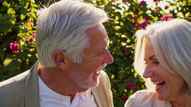 Senior couple shares a joyful moment in a vibrant garden during sunset - Powered by Adobe