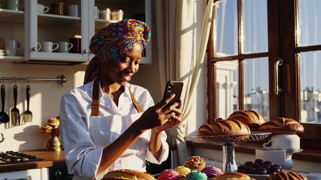 Baker showcases colorful pastries while checking phone in a sunlit kitchen