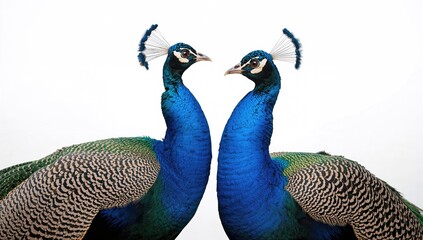 Naklejka premium Two peacocks displayed against a white backdrop, showcasing their vibrant plumage