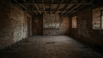 Obraz premium Aged room featuring exposed brick walls and flooring, highlighting erosion risk
