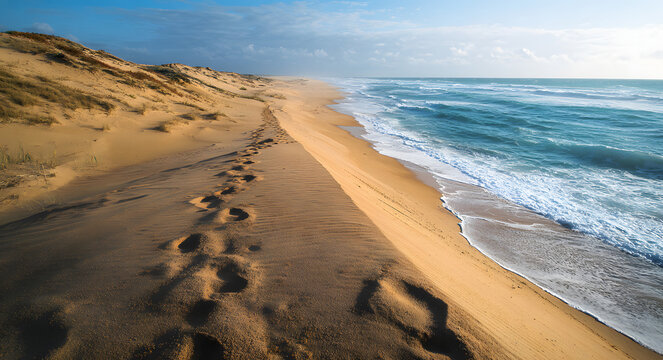 Explore scenic beach sand dunes and ocean view with footprints in the sand landscape