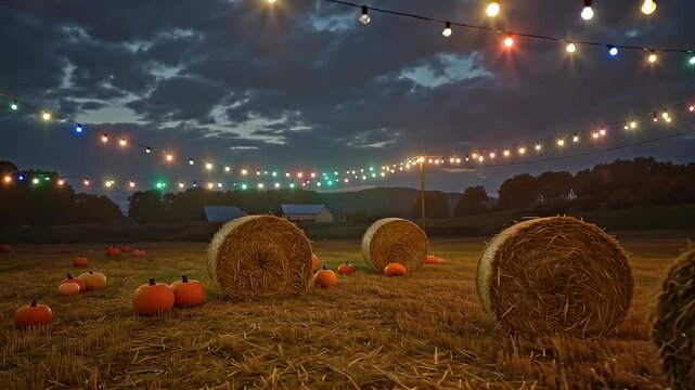 Rustic autumn harvest scene with colorful string lights illuminating hay bales and pumpkins under a twilight sky